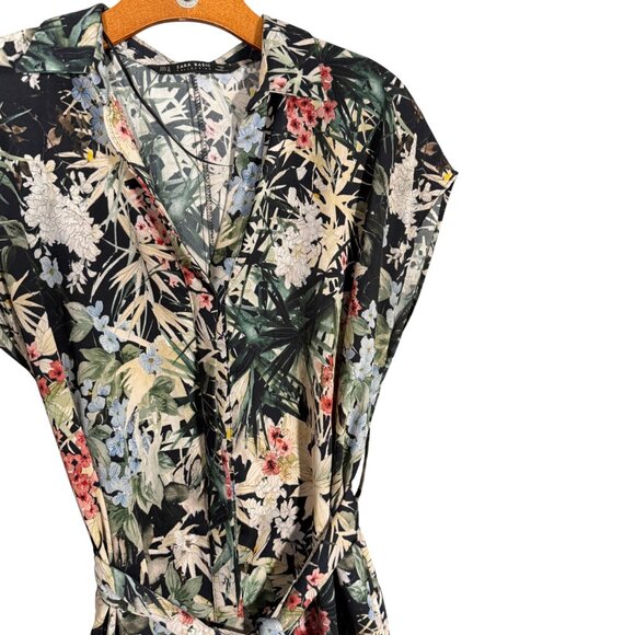 Zara Floral Shirt Midi Dress Dress Belted Tropical Cruise M - Picture 2 of 9